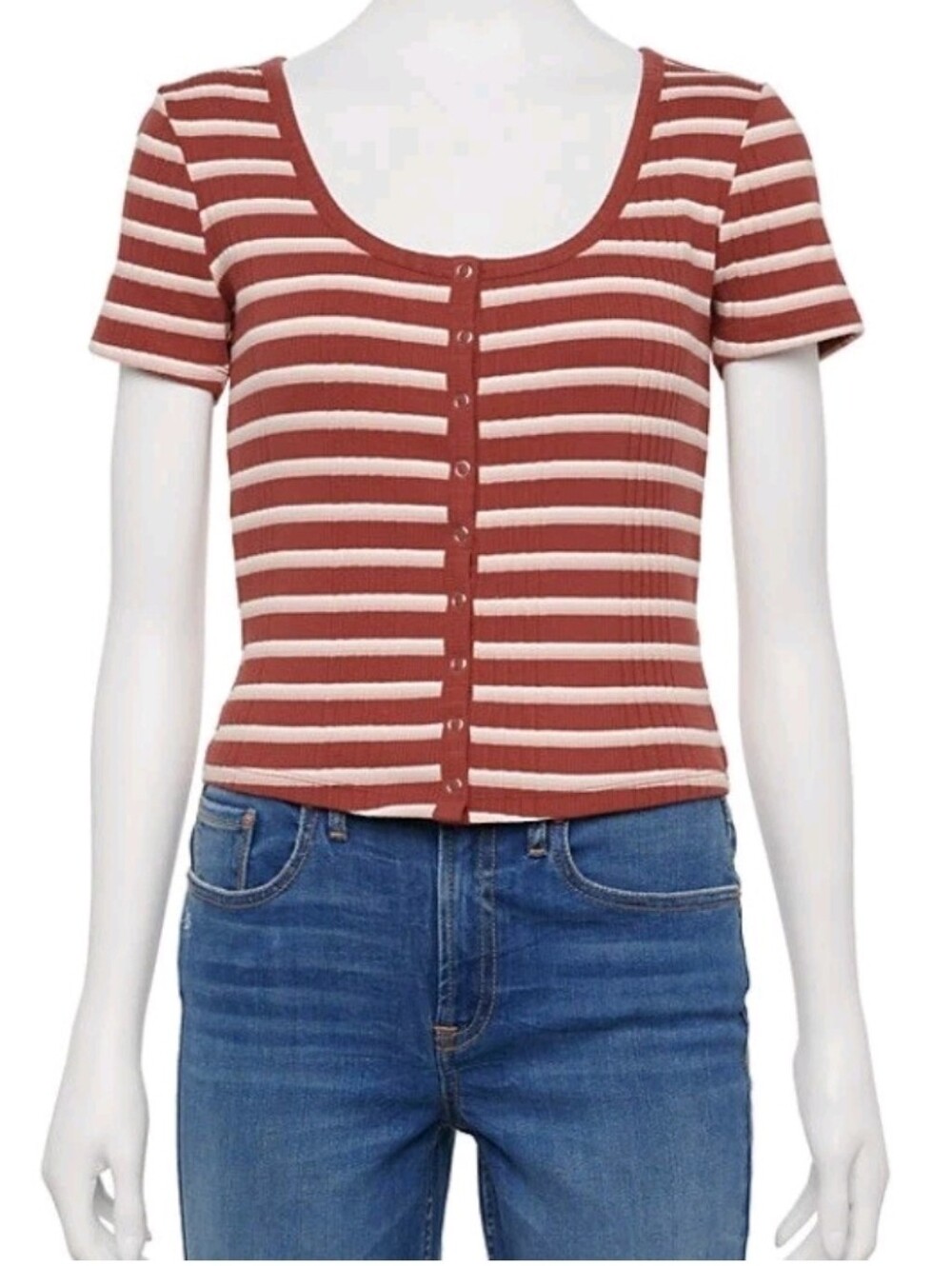 SO Juniors Red White Pink Striped Ribbed Tee L Girls Casual Teens